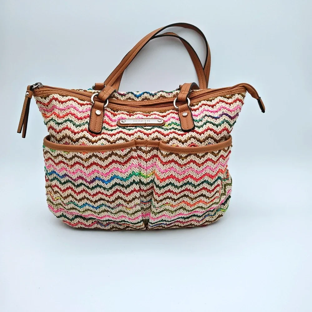 Rosetti Multicolor Chevron Woven Tote Bag Boho Straw Look Shoulder Purse - Picture 1 of 7